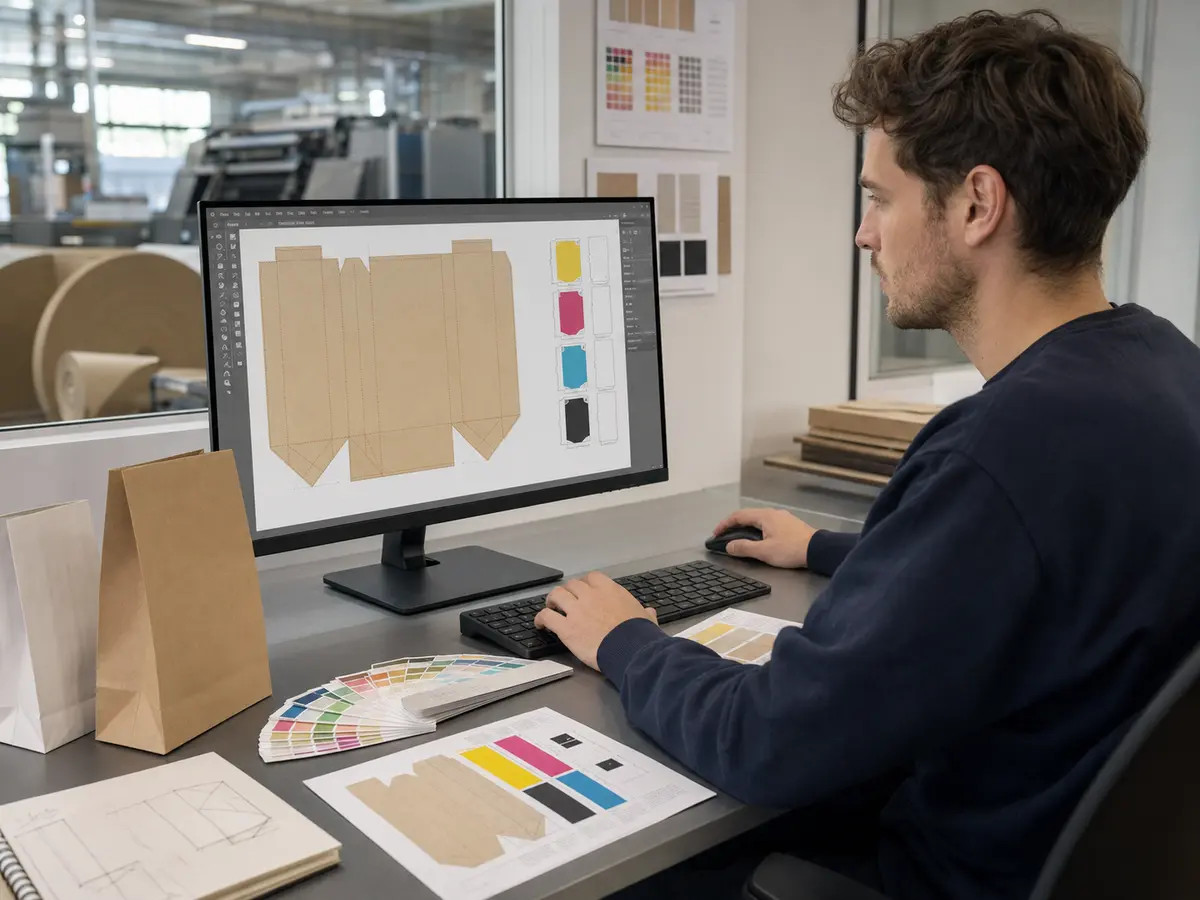 Projekt nadruku na torbę papierową Projektant przygotowujący nadruk flexo na torbę papierową